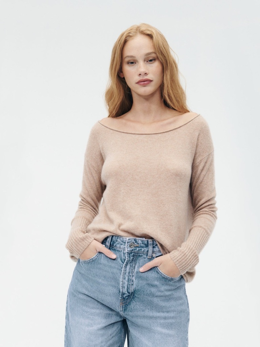 💯Cashmere NAADAM Off-the-Shoulder Sweater in Beige Taupe